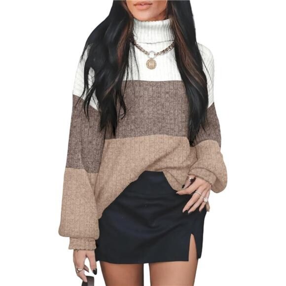 Boho Color Block Turtleneck Sweater – Oversized Long Sleeve Tunic Top for Women - Picture 1 of 5